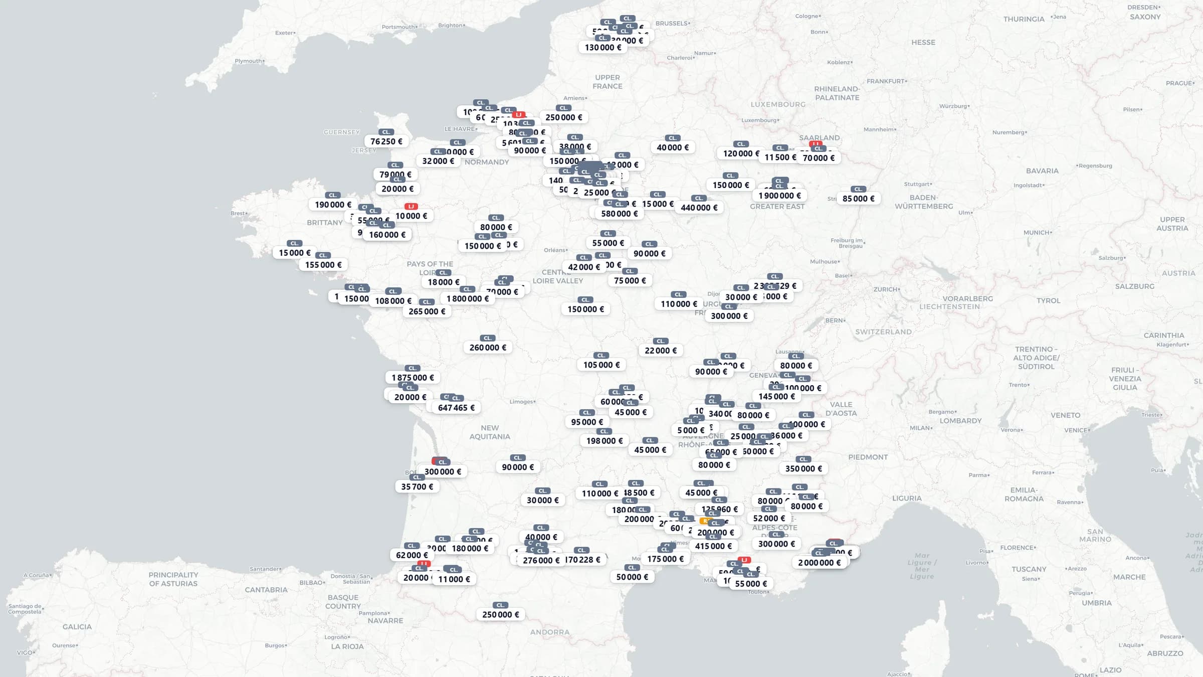 Carte des cessions de fonds de commerce en France dans l'Observatoire des prix